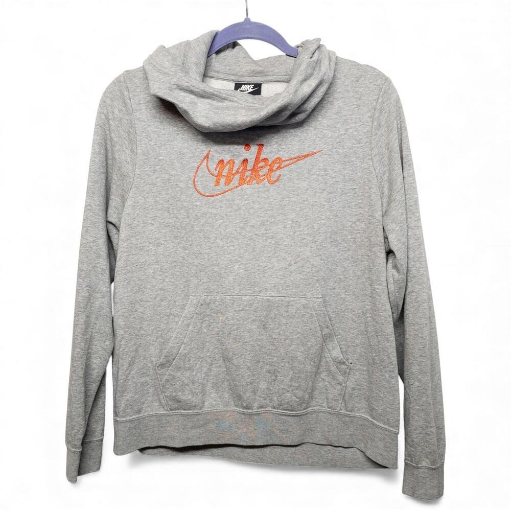 Nike‎ Women's Grey Cowl Neck Long Sleeve Hoodie Pullover Size M Orange Logo